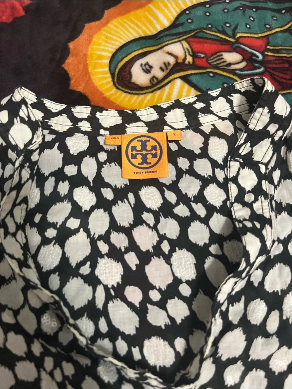 Tory Burch Black and White Dot-Print Long Sleeve Blouse